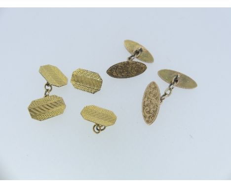 Two pairs of 9ct yellow gold Cufflinks, each double sided with chain between, one foliate engraved, the other engine turned, 