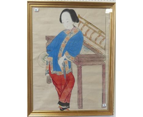 19thC Oriental School, Portrait of a young Chinese woman leaning against furniture, watercolour on paper, 24in x 18in (61cm x