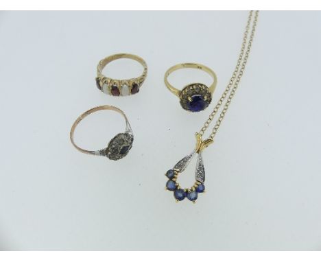 A small sapphire and diamond Pendant, with five pale sapphires, on a 9k trace chain, together with two small sapphire and dia