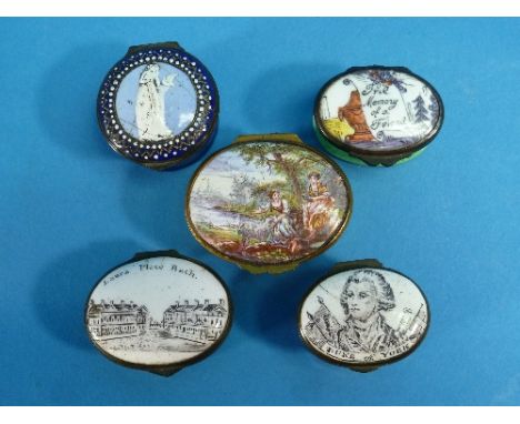 A late 18th century enamel oval patch box, probably Bilston, the hinged cover decorated with a view of "Laura Place, Bath", m