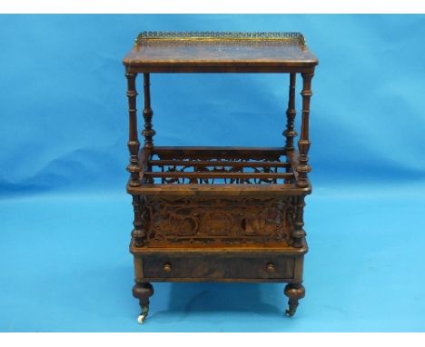 A Victorian burr walnut Canterbury Whatnot/Etargere, the inlaid top with a pierced brass gallery on turned supports over a ra