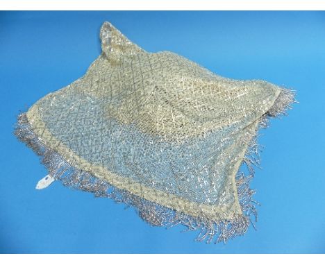 A circa 1920s Art Deco style Egyptian Assuit Shawl, cream ground with hammered silver/gilt metal lattice-shaped decoration, w