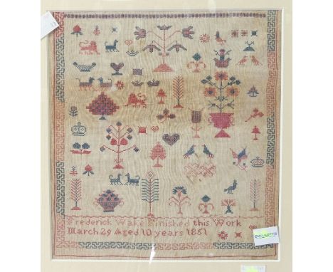 A Victorian needlework Sampler, worked by Freddrick Wake, 10 years of age, dated 29th March 1851, with animals, birds, trees,