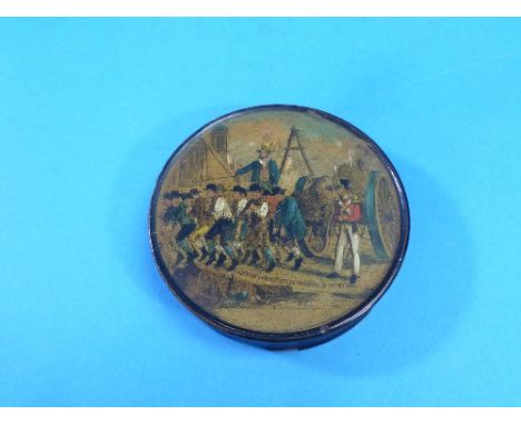 An antique papier-mâché snuff box, the cover decorated with a scene, "Gang of Convicts in Woolwich Dockyard", 3?in (8.5cm) di