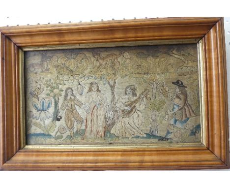 A 17thC tent-stitch Embroidered Picture, depicting a courting couple among oak trees, flowers and insects being serenaded by 