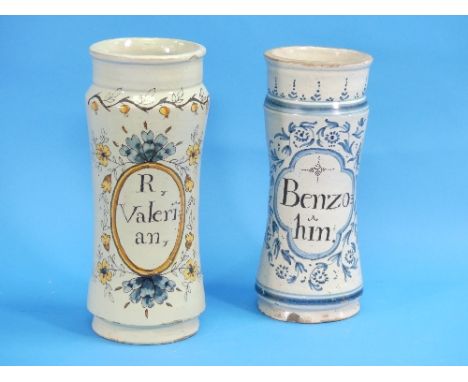 An Antique faïence waisted Apothecary Jar, inscribed R, Valeri An, together with another Delft waisted apothecary jar inscrib