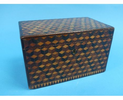 A Tunbridge Ware 'Tumbling Block' Tea Caddy, the hinged lid revealing tumbling block to the inner and two star mosaic decorat