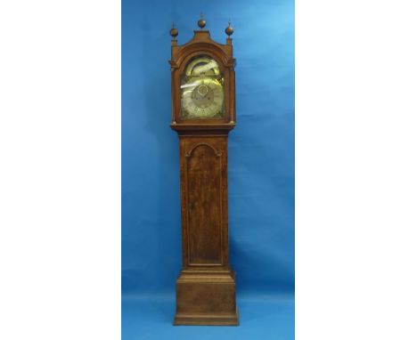 An Early 19thC oak 8-day Longcase Clock, with two weight movement striking on a bell, the 12in brass arched dial having  high