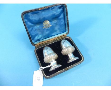 A cased pair of Victorian Silver Novelty Cruets, by William Hutton &amp; Sons, hallmarked London, 1883, in the form of acorns