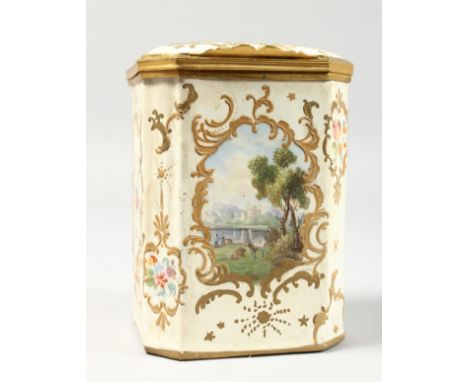 A 19TH CENTURY BILSTON ENAMEL TEA CADDY OR CASKET, with hinged cover, painted with panels of landscapes within a floral groun
