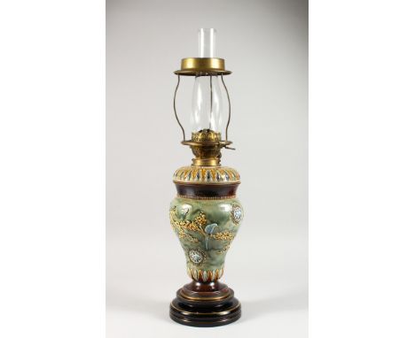 A GOOD DOULTON STONEWARE LAMP with funnel. 16ins high by EMILY WELCH.