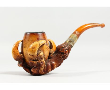 A CARVED MEERSCHAUM PIPE, the bowl and stem carved as a claw, in a fitted case.