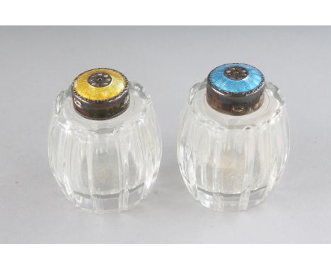 A PAR OF DANISH SILVER AND ENAMEL TOP BOTTLES. KEIKO, STERLING, DENMARK.  2ins high.