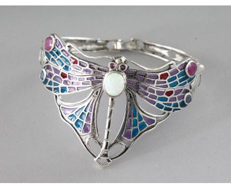 AN ART DECO DESIGN SILVER, OPAL AND SAPPHIRE DRAGONFLY BRACELET.