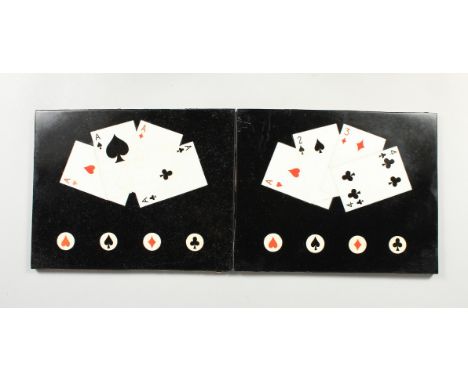 A PAIR OF ITALIAN PIETRA DURA PANELS, each inlaid with a playing card design. 10ins x 8ins.