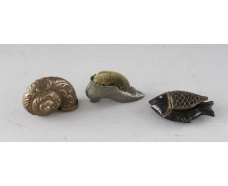 A SHOE PIN CUSHION, A FISH SNUFF BOX and A COPPER SHELL SNUFF BOX (3).