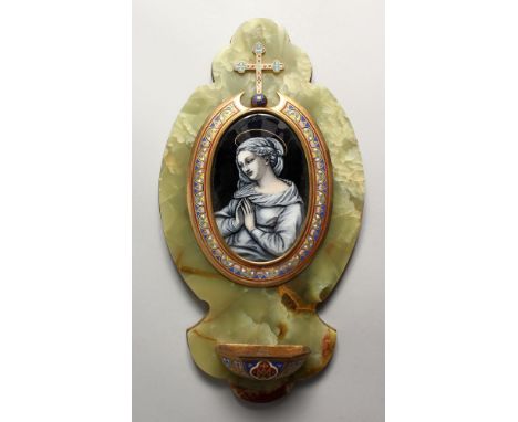 A GOOD LATE 19TH CENTURY ONYX AND CHAMPLEVE ENAMEL HOLY WATER FONT, mounted with an oval enamel plaque of a woman at prayer. 