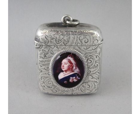 A VICTORIAN ENGRAVED SILVER VESTA CASE, Birmingham 1894, with an enamel oval of Queen Victoria.