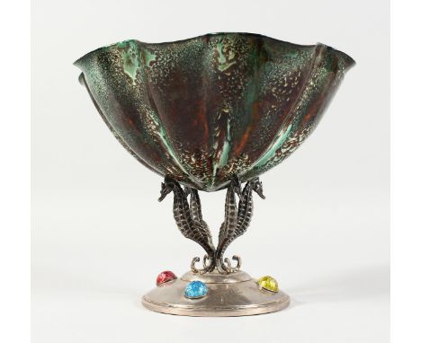 A CONTINENTAL SILVER AND ENAMEL PEDESTAL BOWL, with seahorse supports. 7ins high.