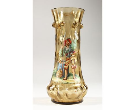 AN ITALIAN AMBER TINTED MOULDED GLASS VASE, enamel decorated with a classical figure. 10ins high.