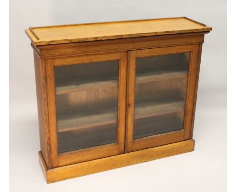 A VICTORIAN LIGHT OAK TWO-DOOR BOOKCASE, with a pair of glazed doors enclosing adjustable shelves, on a plinth base. 3ft 7ins