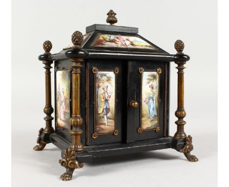 A VERY GOOD SMALL VIENNA ENAMEL CASKET, with double panel doors opening to reveal two small drawers. 6ins high.