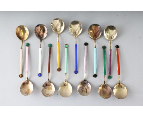 A SET OF TWELVE DAVID ANDERSON OF OSLO SILVER AND COLOURED ENAMEL SPOONS, cased.