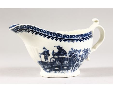 A WORCESTER BLUE AND WHITE SAUCEBOAT, Fisherman and Cormorant. 7ins long.