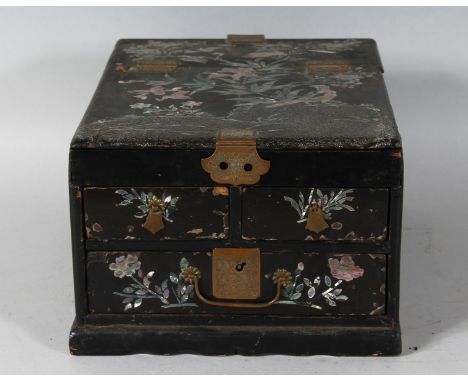 A CHINESE BLACK LACQUER AND MOTHER-OF-PEARL BOX. 12ins long.