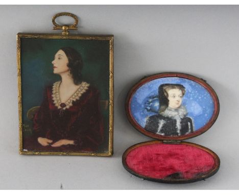 A THREE-QUARTER LENGTH PORTRAIT MINIATURE OF A LADY, signed, 4ins x 3ins, and another oval miniature of a young girl "REGINA"