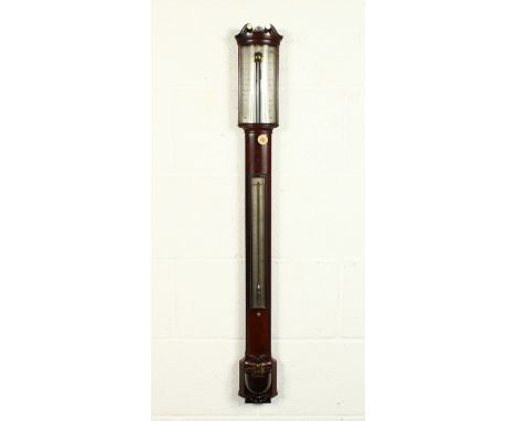 A VERY GOOD GEORGE III MAHOGANY BOWFRONT STICK BAROMETER by PASTORELLI &amp; CO., LONDON, with engraved silvered dials and ur