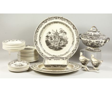 A COMPREHENSIVE LATE 19TH CENTURY CREIL IRONSTONE PART DINNER SERVICE, cream ground with black transfer printed decoration in