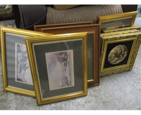 Mixed pictures together with three convex ceramic plaques 