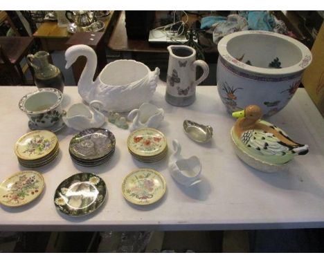Decorative ceramics to include swan planters, a Chinese fish bowl planter, calendar plates and other items 