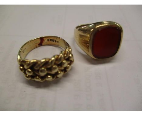 Two 9ct gold rings, one with a woven design, the other a signet ring, 9g 