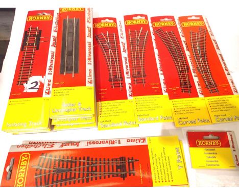 Hornby OO gauge points and crossings including R618 x5, R620 x5, R8072 x1, R8073 x1, R8074 x1, R8075 x1, R8076 x4 and R8232 x
