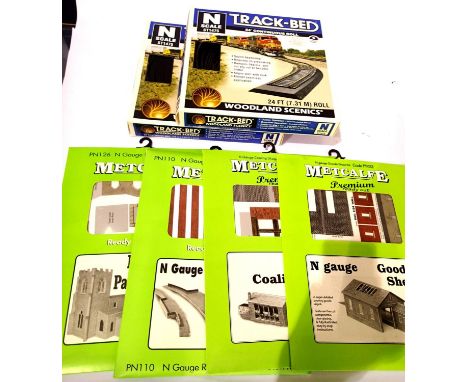 N gauge Metcalfe kits x4; platforms, coaling stage, goods shed, church and Woodland Scenics track bed packs x2. P&amp;P Group