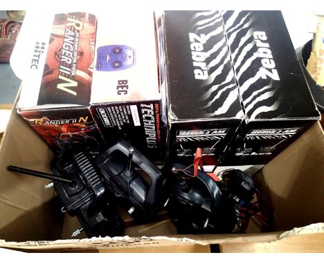 Seven radio control transmitters, Zebra, Ranger II, Acoms, Saber etc two channel AM. P&amp;P Group 2 (£18+VAT for the first l