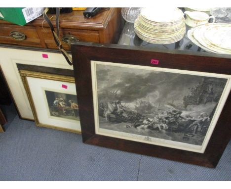 An early 20th century lithograph, print of knights in discussion and a framed engraving of The Battle of La Hogue