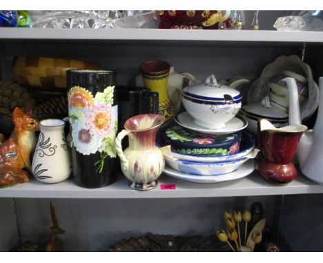 A Coopercraft china fox, mid 20th century pottery to include a Honiton vase, mixed china, a brass bowl and a wooden salad bow