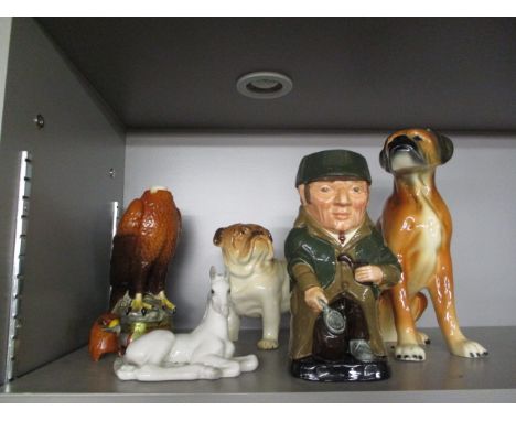 A Kingston pottery dog, a Royal Doulton Sherlock Homes character jug D661, a Melba ware bulldog, a Russian palomino foal, sea