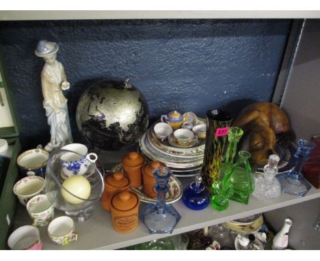 Mixed china, glassware and ornaments to include terracotta spice jars, 1930s dressing table glass and a Retro globe to includ