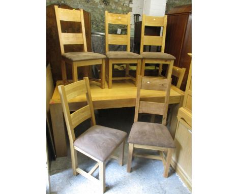 A modern light oak, plank constructed, refectory style table, 30h x 72w and six chairs