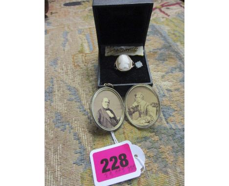 A gold coloured, framed cameo ring, a single white stone earring, a 'Connie' brooch and a locket with late 19th century photo