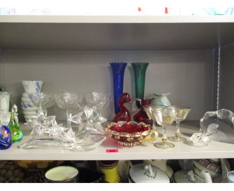 Art glass, mixed paperweights to include Caithness ruby glassware and Champagne saucers