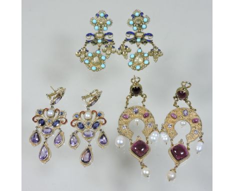 A pair of Percossi Papi silver gilt and enamelled pendant earrings, each set with multi coloured stones, within a scrolled en