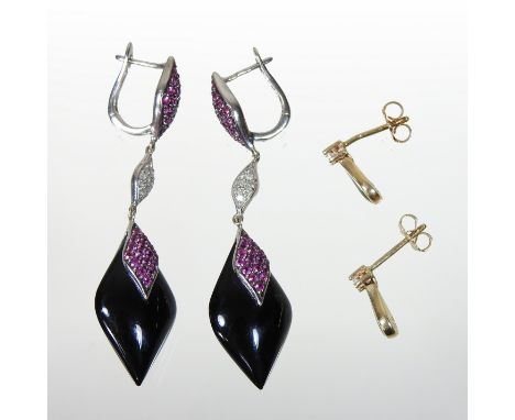 A pair of 18 carat gold black onyx, ruby and diamond earrings, 5cm drop, 10.4g gross, together with a pair of small 14 carat 