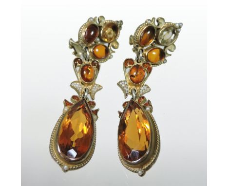 A pair of Percossi Papi gilt citrine pendant earrings, each with an enamelled and seed pearl surround, 6cm drop