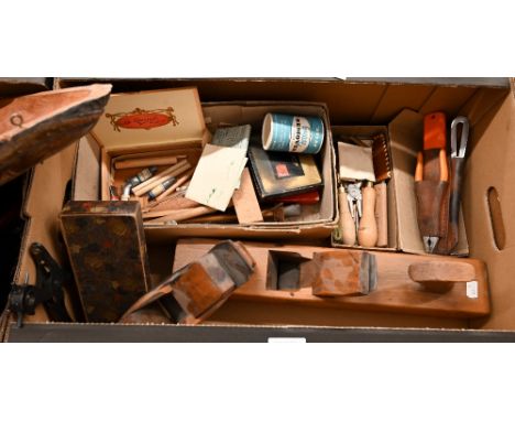 A vintage wooden block jack-plane, sailor's knife, pliers and marlinspike set, etc (box)