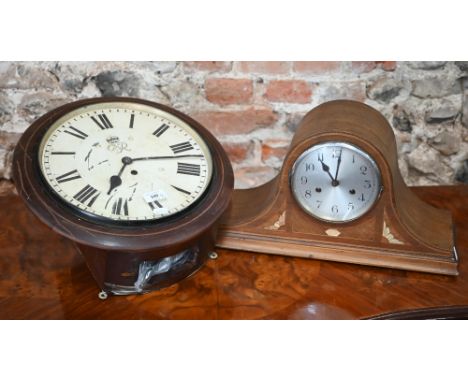 A George VI single fusee wall clock, pendulum present, no key, case door missing and a/f, 39 cm dia. x 15 cm d,&nbsp;to/w an 